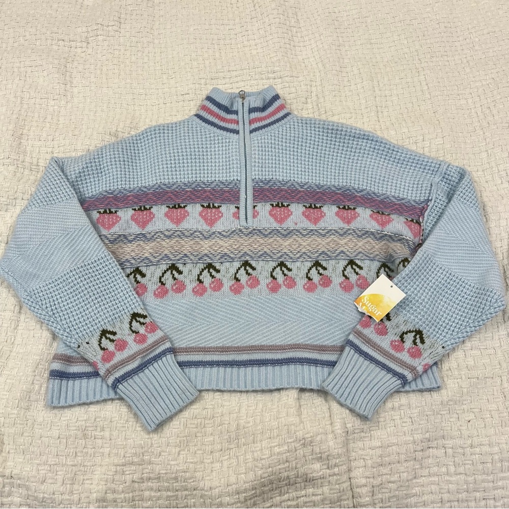 Sugar Moon Quarter Zip Jacquard Sweater Blue Freeze L NWT